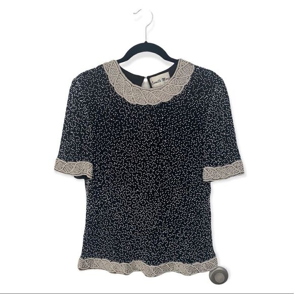 Camille Marie Vintage 100% Silk Beaded Blouse Short Sleeve Black Cream Size M - Picture 2 of 4